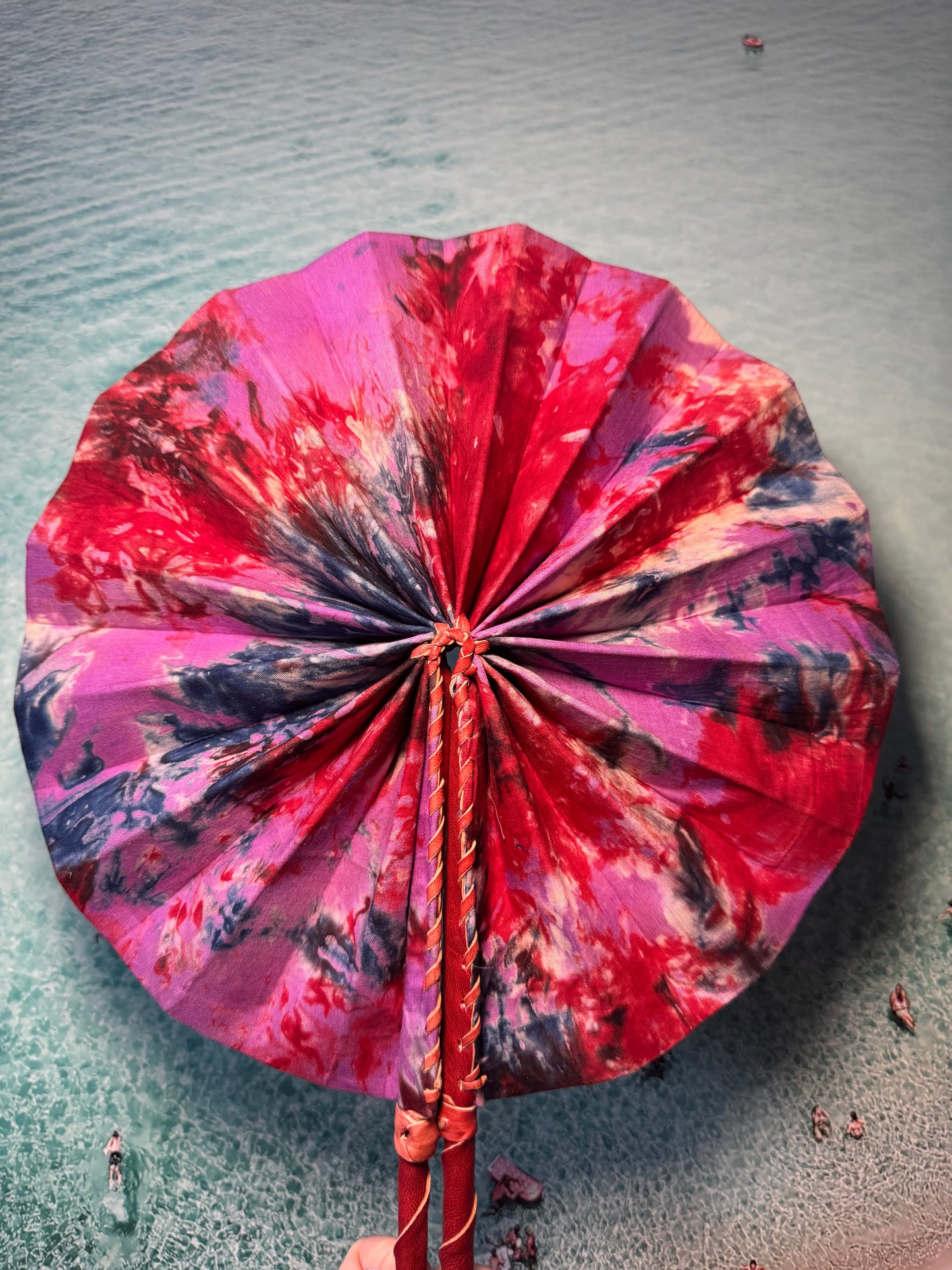Pink, red and blue tie dye fan