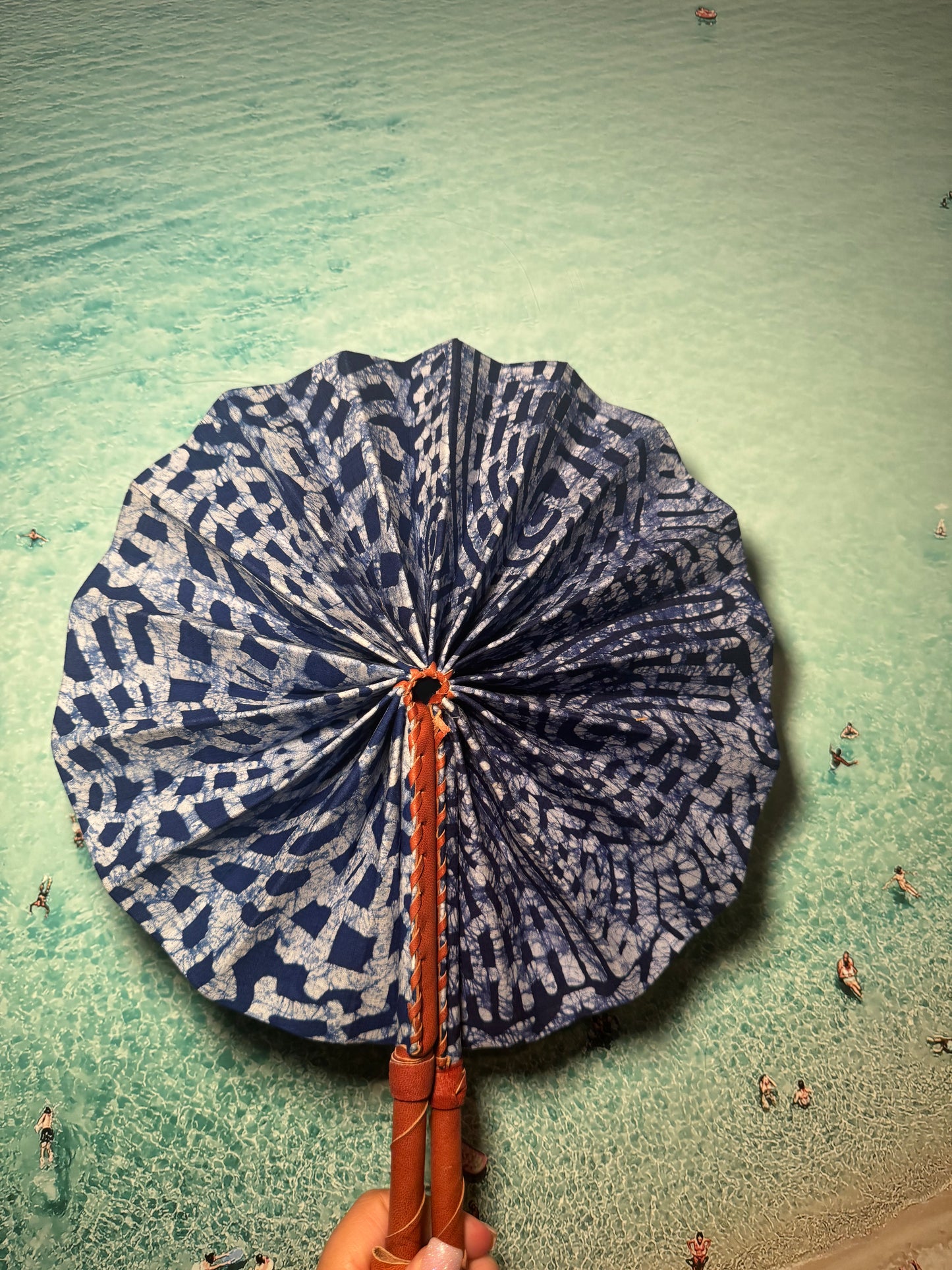 Blue and White Print Fan