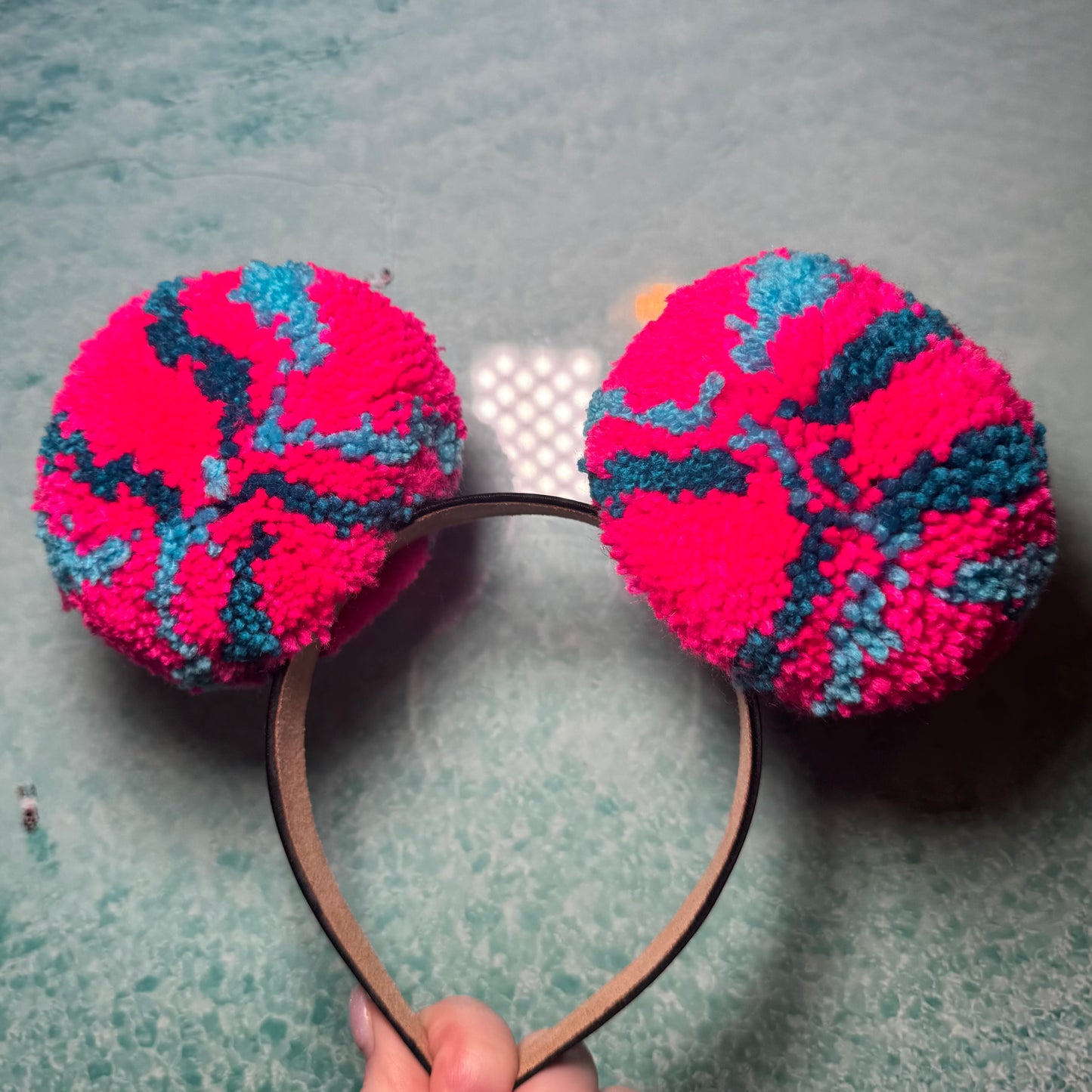 Pink and Blue Striped Pom Pom Headband