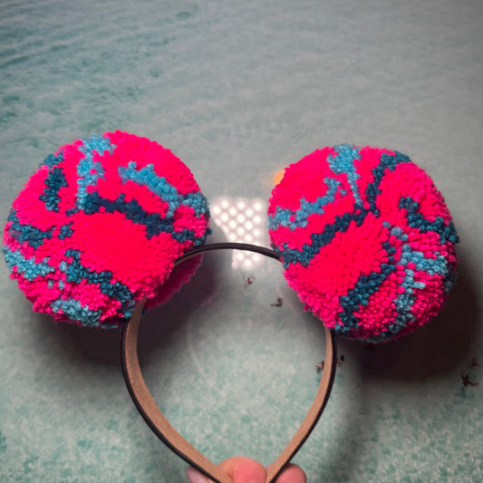 Pink and Blue Striped Pom Pom Headband